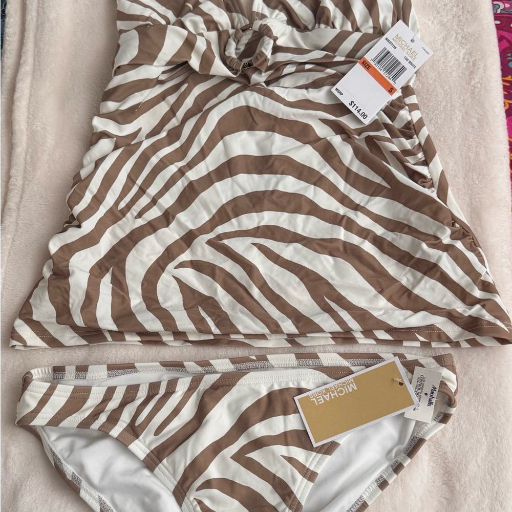 Michael Kors White and Brown Zebra Print One-Piece Swim